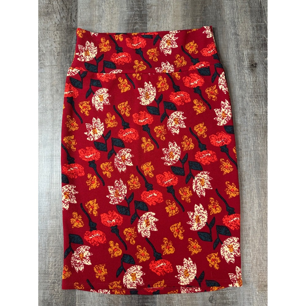 LuLaRoe Cassie Pencil Skirt Small Red Floral High Waist Stretch Bodycon Skirt